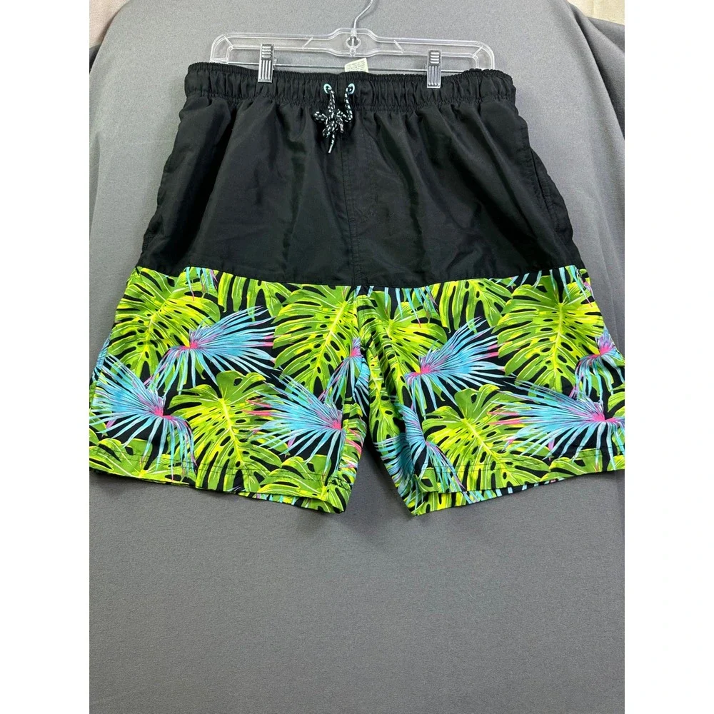 Faded Glory Men‎ Tropical Leaf Swim Trunks Black Green Large 36-38 Board Shorts